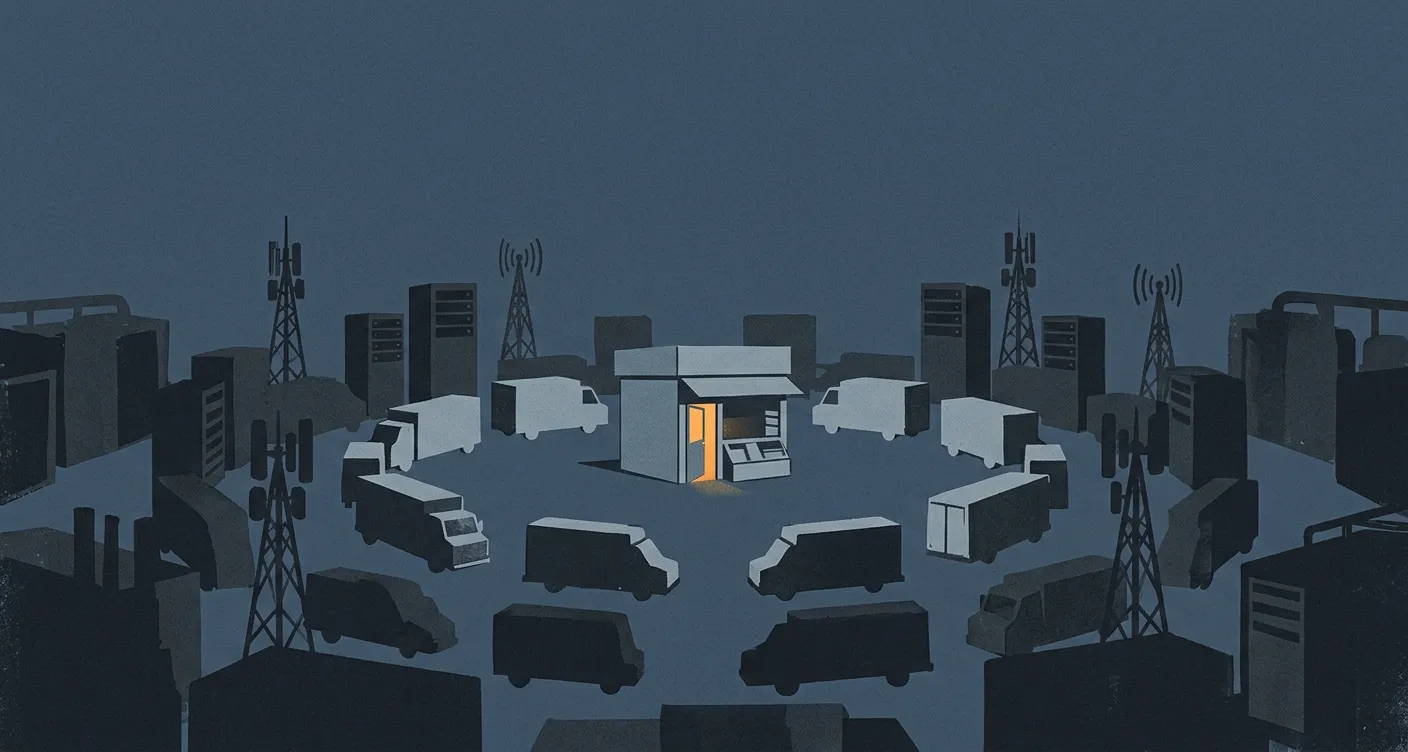 A small corner shop stands at the center of a dark frame, a single warm amber light glowing through its door; pressing in from all sides, rings of larger darker silhouettes — delivery trucks, server towers, antenna masts — each outer ring taller and heavier than the last.