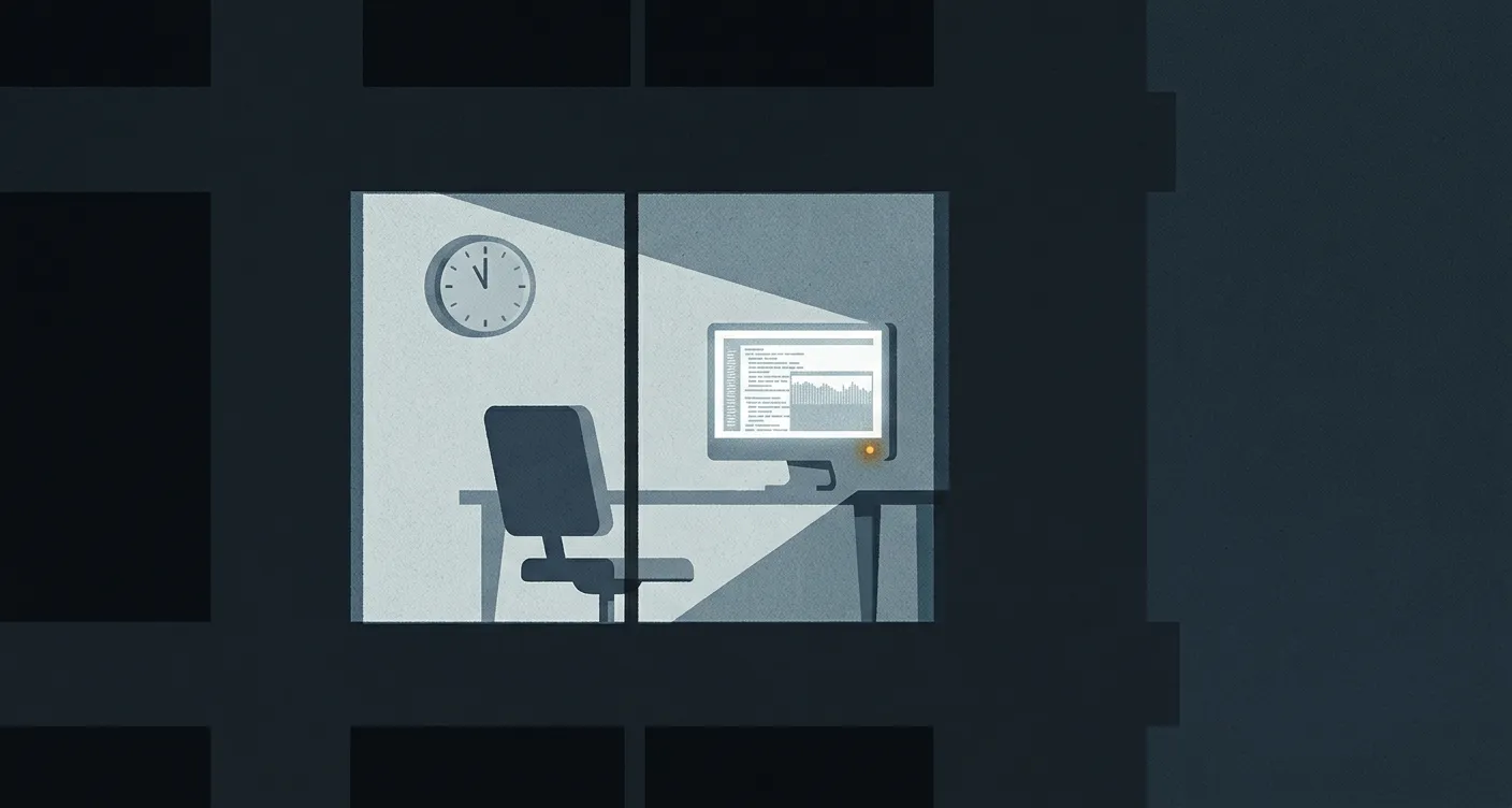 A simple office seen through a window at night: a single screen scrolling data casts pale steel light onto the walls, the chair empty, a clock showing a late hour; every other window in the building is dark.