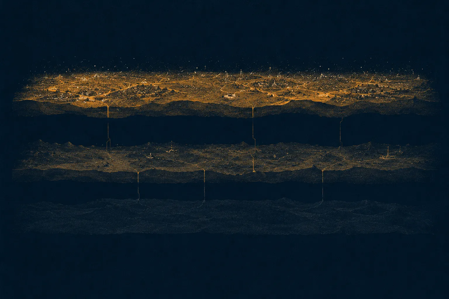 Minimal editorial illustration, risograph texture, wide composition. A dark navy cross-section divided into three horizontal strata like geological layers. The top stratum glows in rich warm amber with dense fine detail; the middle stratum in dim muted amber with sparse detail; the bottom stratum nearly dark, almost featureless slate blue. A few hair-thin vertical lines connect the layers like narrow passages. Flat graphic shapes, mid-century scientific diagram aesthetic, heavy paper grain, generous margins of empty navy. Palette strictly deep navy, amber gradations, paper off-white. No text, no letters, no labels, no numbers. A dark cross-section of three horizontal strata: the top layer glowing rich amber with dense fine detail, the middle dim and sparse, the bottom nearly featureless slate; hair-thin vertical lines connect the layers like narrow passages.
