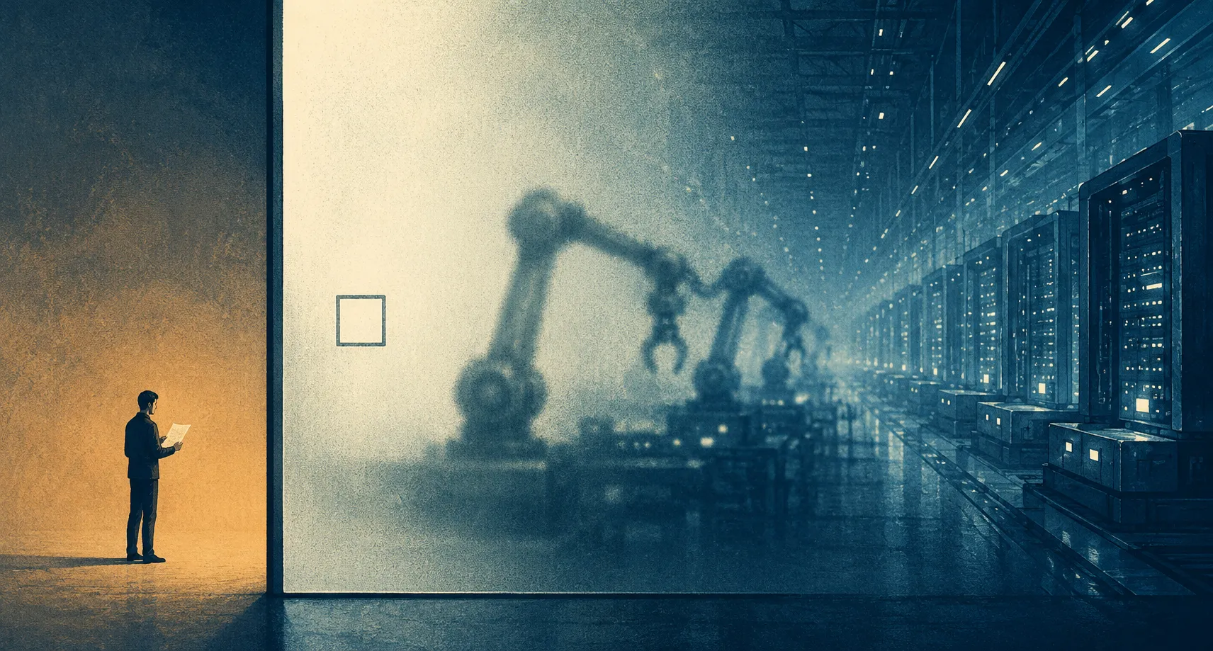 Editorial conceptual illustration, wide banner composition. A vast wall of frosted glass divides the frame vertically off-center. Left side: a single small human figure standing in warm amber light, holding a sheet of paper, intimate and quiet. Right side, seen through the glass as blurred silhouettes: an immense automated apparatus, rows of mechanical arms and glowing server-like structures receding into deep space, cold cyan-blue light. On the glass itself, a single small empty checkbox etched like a stamp. Muted risograph texture, grainy screenprint aesthetic, limited palette of deep navy, amber, off-white. Flat graphic shapes with subtle film grain, in the style of a New Yorker or Wired magazine opener. No text, no letters, no words. A person holding a sheet of paper stands in warm amber light before a vast frosted-glass wall etched with a single empty checkbox; behind the glass, blurred rows of robotic arms and server racks recede in cold blue light.