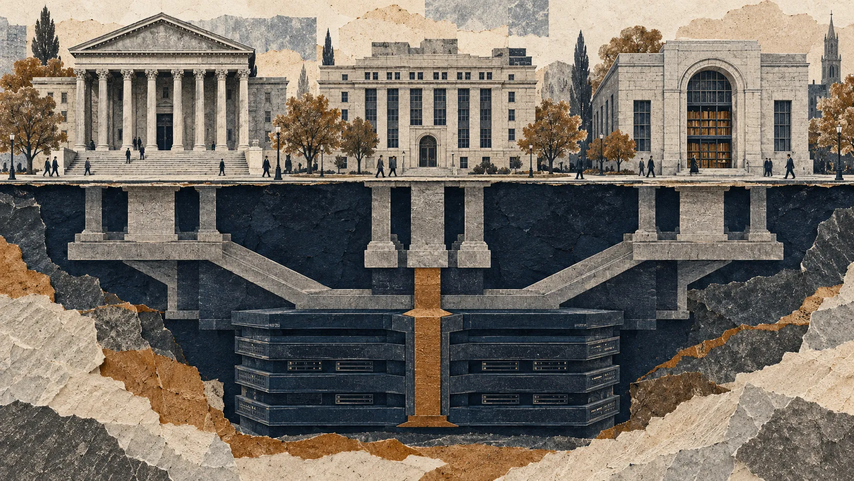 Three civic buildings rest on supports that converge into a single dark server foundation with an amber keystone.