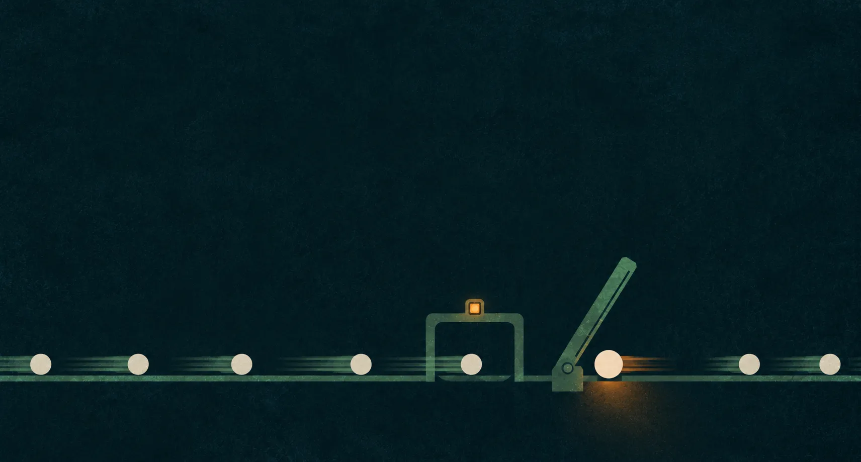 On a deep petrol-dark field, small round parcels of pale light travel along a single horizontal rail; most stream through an open green checkpoint while one is held at a raised amber gate lifted like a vault door.