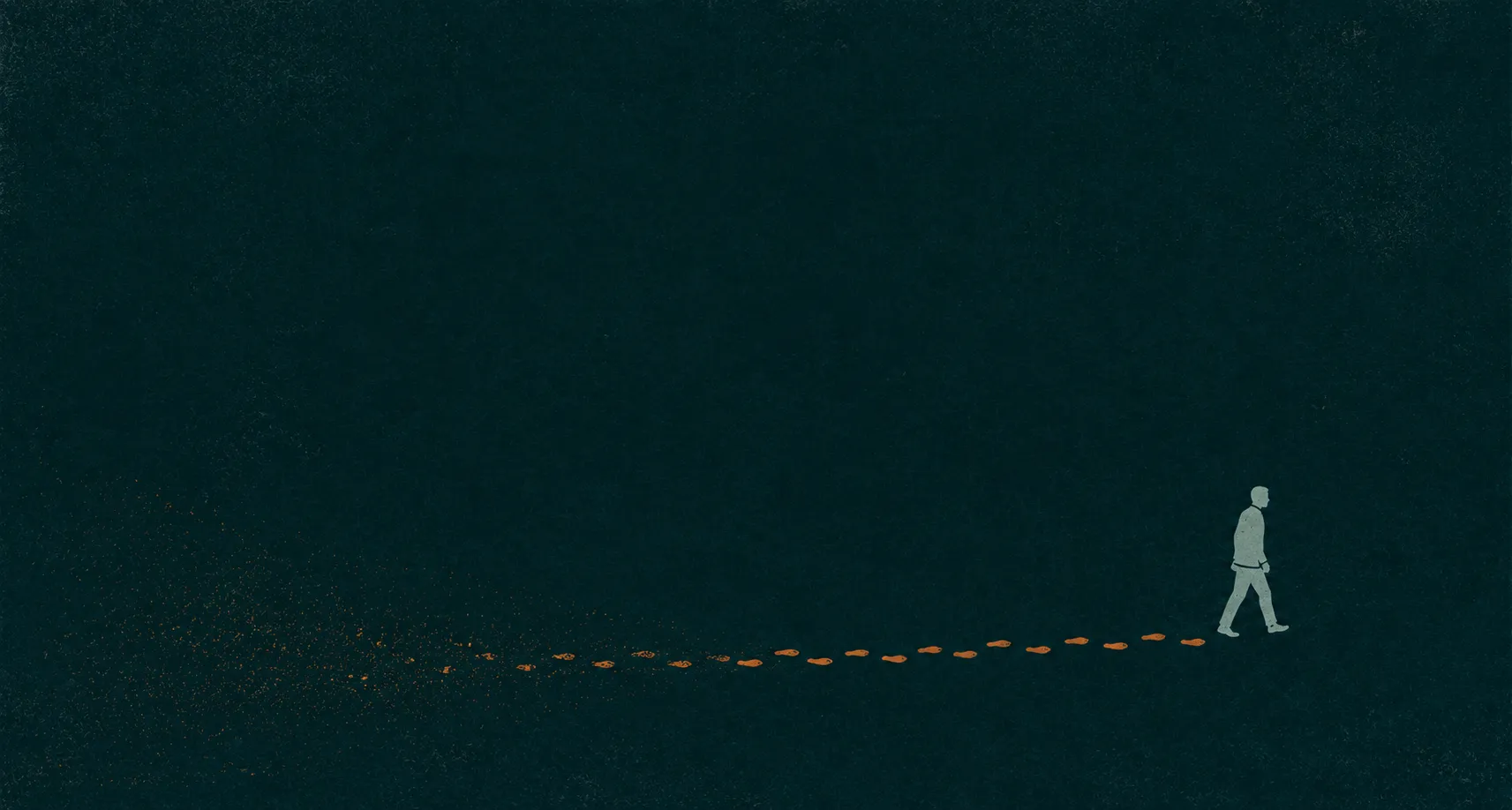 Editorial conceptual illustration, risograph screenprint aesthetic, wide composition on a deep petrol blue-black field. A small solitary figure in pale fog-grey walks toward the right edge, leaving a trail of burnt-sienna footprints behind that fades progressively until it vanishes entirely at the left, the oldest steps dissolving into loose grain. Enormous empty negative space above, subtle paper texture, flat mid-century graphic shapes, quiet and melancholic. Restrained harmony: deep petrol blue-black ground, pale fog grey, one burnt-sienna trail — nothing else. No text, no letters, no typography. Wide format (1200×644, ~1.91:1). A small figure in pale fog-grey walks toward the right edge of a deep petrol blue-black field, leaving a trail of burnt-sienna footprints that fades and dissolves into loose grain toward the left.